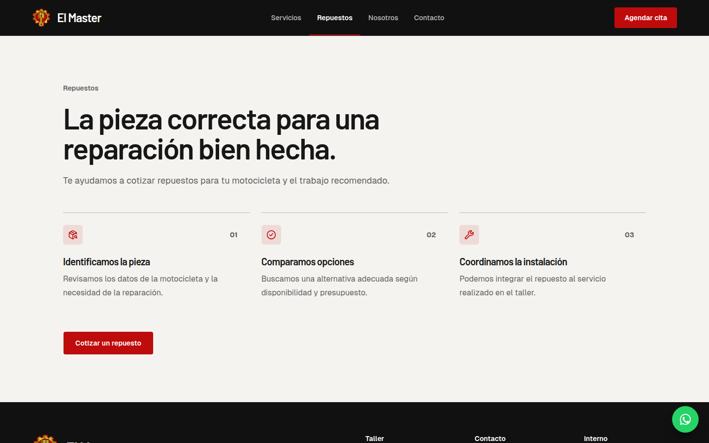 Página de repuestos para motocicletas de El Master.