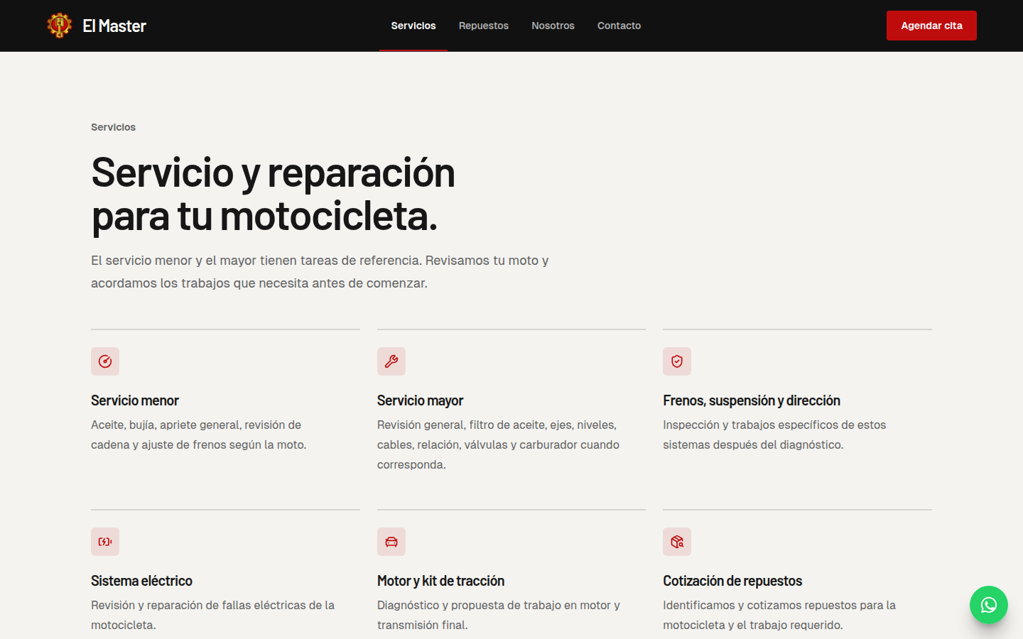 Página de servicios de diagnóstico y reparación de El Master.