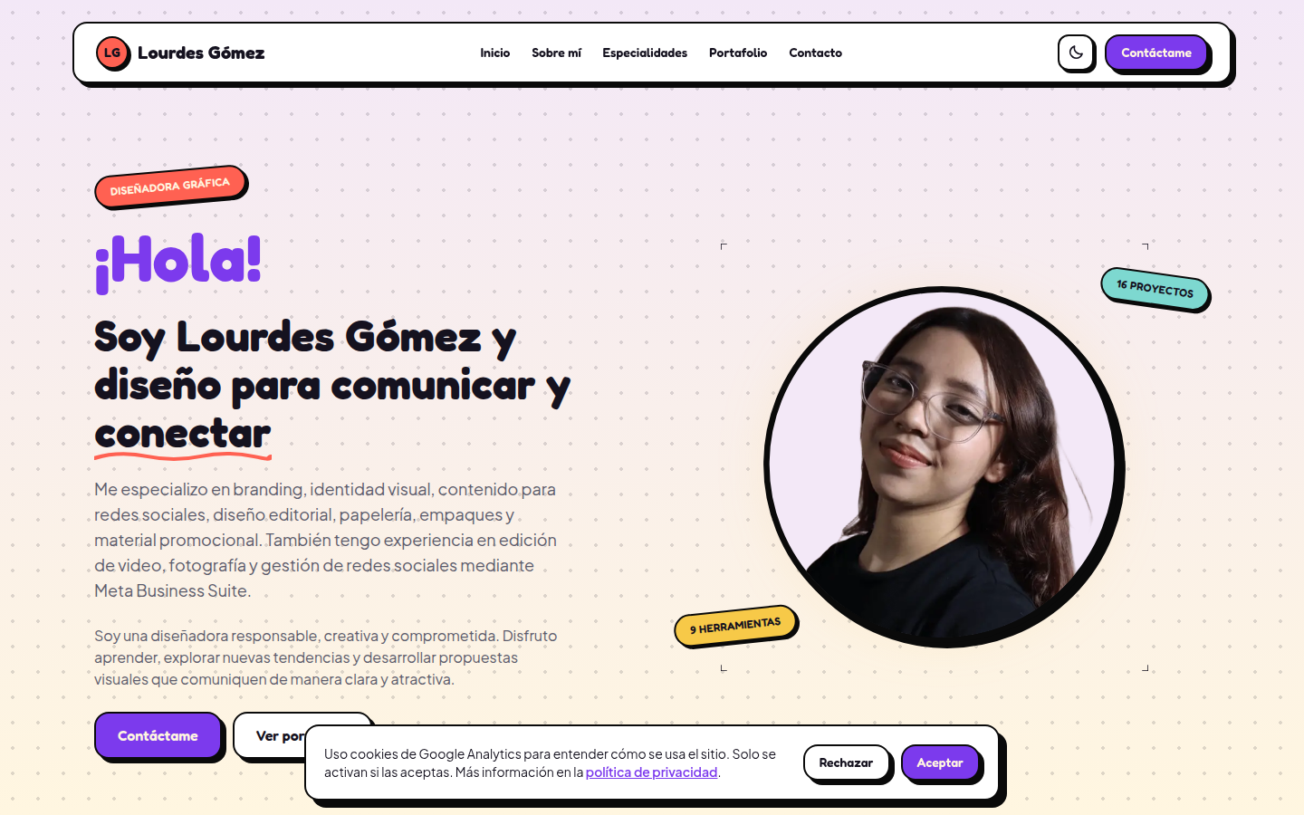 Presentación de Lourdes Gómez como diseñadora de comunicación visual.