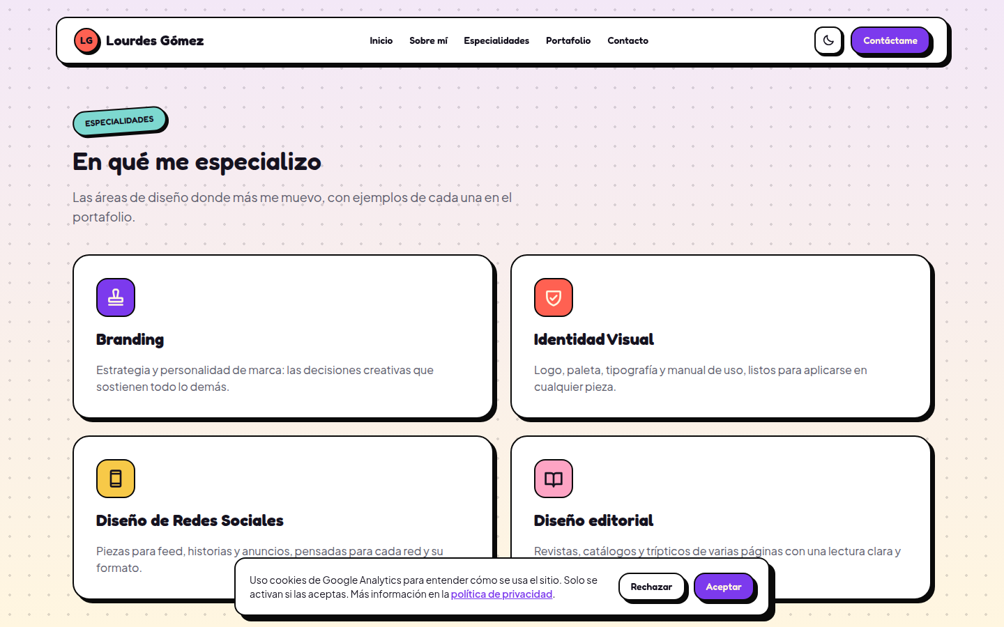 Especialidades de diseño y branding de Lourdes Gómez.