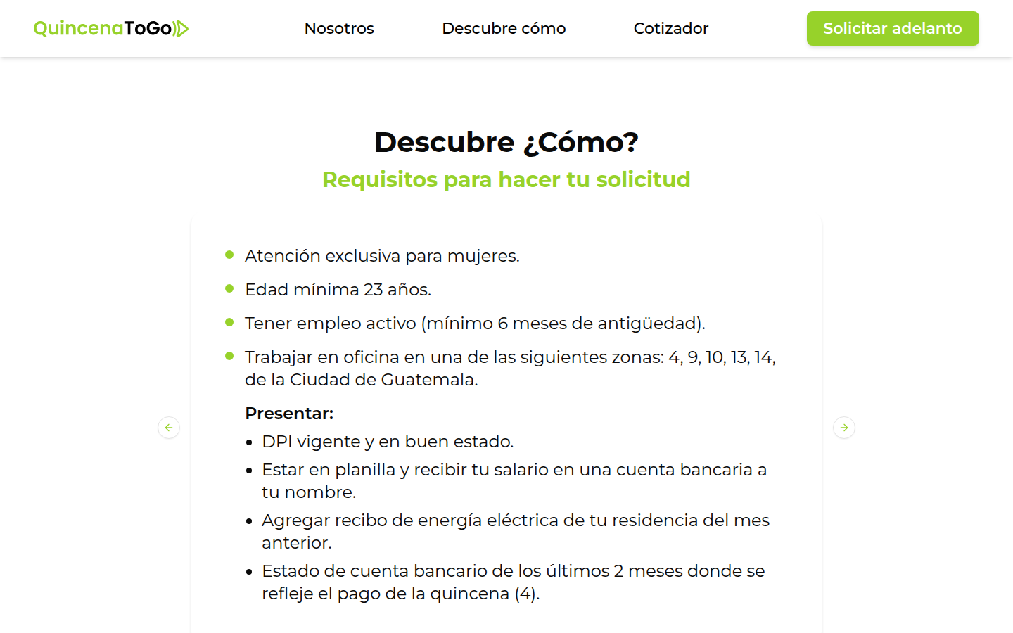 Requisitos para solicitar un adelanto en QuincenaToGo.